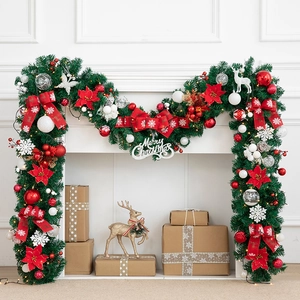 270cm Christmas PVC garland with red bows and Merry Christmas sign on white fireplace
