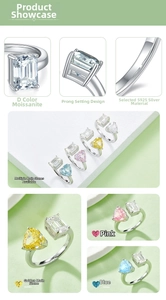 Detailed close-up of S925 silver ring featuring heart and emerald cut moissanite stones