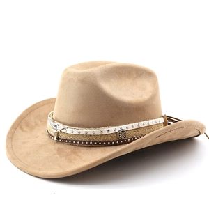 Chapeau de cowboy classique en daim kaki avec large bord et boucle décorative tête de taureau