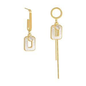 Vintage asymmetric gold square tassel earrings with white shell inlay and zircon accents