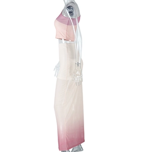 Detail of pink gradient two-piece set showing slim fit skirt and sleeveless top texture