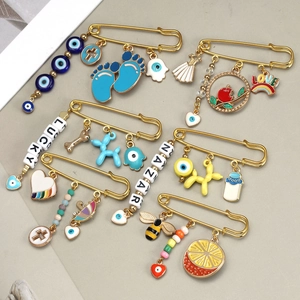 Fashionable gold evil eye brooch pins with colorful enamel charms and beads set