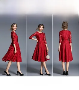 Three-way view of deep red lace A-line dress with 3/4 sleeves and slim fit design