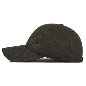 Men's winter baseball cap with SPORT embroidery and warm ear flaps in dark brown