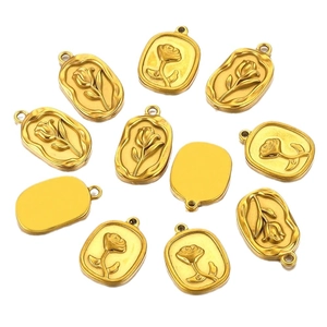 18K gold plated stainless steel oval pendants with rose flower relief for DIY necklaces