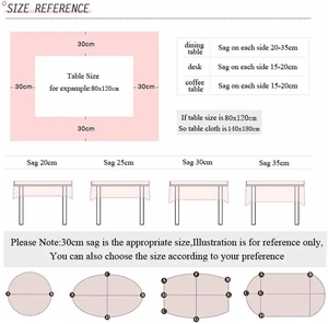 Size guide chart for Christmas tablecloths showing table dimensions and sag recommendations