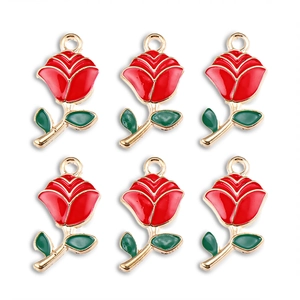 Set of six red rose charms with green leaves and gold plating for jewelry making