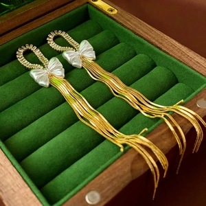 Elegant Zircon Bowknot Long Tassel Dangle Earrings Gold Plated Copper Jewelry With Silver Earring Post For Women