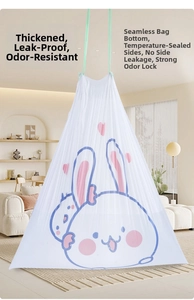 Close-up of thick drawstring garbage bag with rabbit print and leakproof seamless bottom