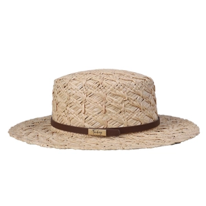 Flat top raffia boater hat with dark brown leather band and gold metal hardware