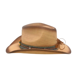 Detail of western straw hat with gradient edges and ethnic beaded decorative band