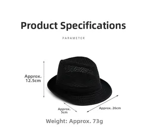 Detaillierte Größenparameter eines schwarzen atmungsaktiven Fedora mit Maßen