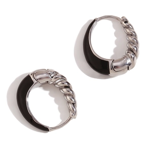 Elegant twisted silver steel earrings with black enamel inlay in a stylish pear shape