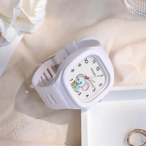 Detail of white silicone strap watch featuring a cute grey mouse cartoon on the dial