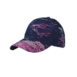 Deep blue denim baseball cap with pink marble print and classic six-panel structure