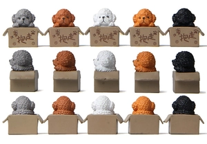 Miniature resin teddy dog figurines in five colors with textured fur and box base