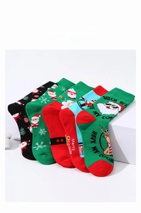 Set of five knitted Christmas crew socks featuring Santa and reindeer festive patterns
