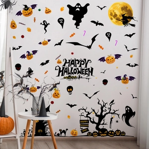 Halloween window stickers set featuring ghosts pumpkins bats and wizard silhouettes decor