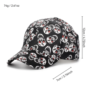 Skull print baseball cap with red glitter eyes and detailed sizing measurements