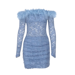 Detail of blue lace dress with feather off-shoulder neckline and ruched sleeve texture