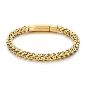 Polished gold stainless steel wheat chain bracelet with a secure cylindrical clasp for men