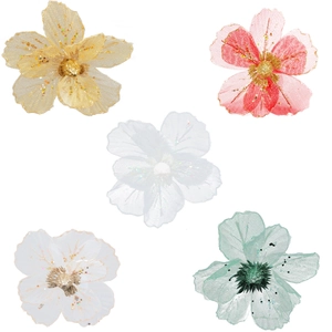 Set of five glittery organza Christmas flowers in gold, pink, white, cream, and mint
