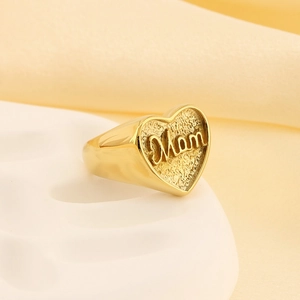 Gold 18k plated stainless steel heart ring with Mom engraving and inset diamonds