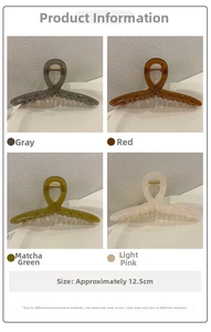 Detail view of large resin hair claws in four colors, size approximately 12.5cm
