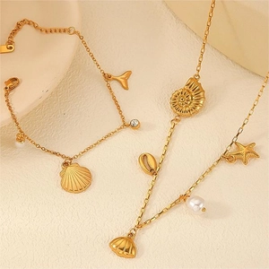 Ocean Theme Conch Shell Starfish Artificial Pearl Stainless Steel Gold Plated Jewelry Necklace Bracelet Earrings Accessory For Women