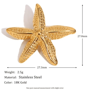 18K gold plated stainless steel starfish brooch with 27mm size and elegant texture