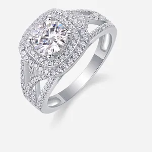 Luxury 925 Sterling Silver Moissanite Ring For Women Round Brilliant Cut Halo Ring With Side Stones Engagement Jewelry