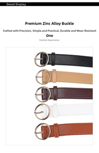 Detail view of five colors of women's PU belts featuring round gold zinc alloy buckles