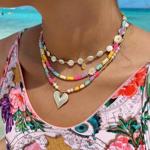 Bohemian Beaded Necklace Heart Pendant Daisy Soft Clay Heishi Beads Shell Artificial Pearl Gold Plated Women Summer Beach Jewelry