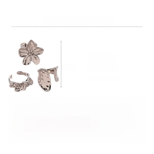 Detailed view of silver textured geometric flower rings in alloy showing size and dimensions
