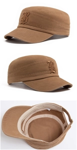 Detailed view of brown cotton military cap with B embroidery and adjustable buckle