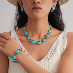 Bohemian Vintage Ethnic Necklace Bracelet Earrings With Oval Turquoise Resin Alloy And Silver Earring Post For Women