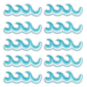 Close-up of 10-piece ocean wave embroidery patches with blue and white layered textures