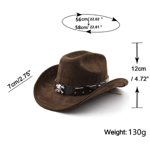 Detail of dark brown faux suede cowboy hat featuring metal skull rivets and leather band