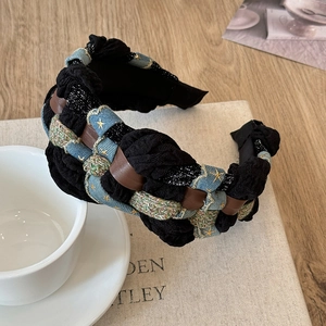 Braided Denim Headband With Gold Star Embroidery And Faux Leather Retro Wide Brim Hair Accessories For Women