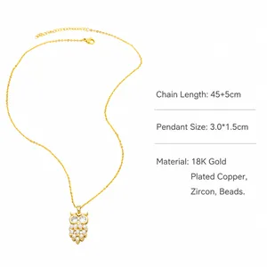 Detailed spec sheet showing 18K gold plated owl necklace with dimensions and materials
