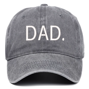 Detailed view of the 'DAD' embroidery on a vintage washed grey cotton baseball cap