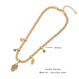 Detail of gold stainless steel popcorn chain with Evil Eye and Hamsa pendants