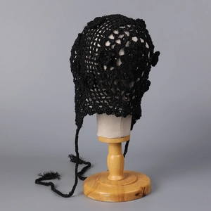 Handmade black crochet flower hat with sequins and lace-up straps for women