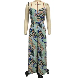 Tropical leaf print V-neck cami wide-leg jumpsuit with strappy back and loose fit
