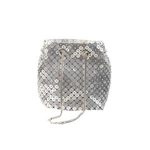 Elegant silver rhinestone bucket bag with sparkling crystals and metal chain strap