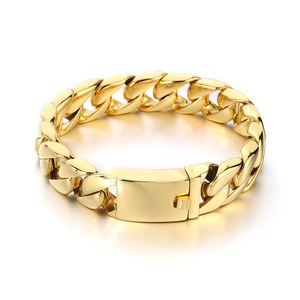 Polished 15mm gold Cuban link chain bracelet with secure buckle on white background
