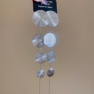 Detail of silver textured round sequin tassel earrings with radiant starlight reflection effect