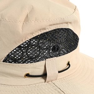 Khaki outdoor sun hat featuring breathable mesh vents and adjustable elastic drawstring