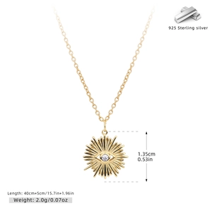 Detail of S925 sterling silver evil eye sun pendant with clear zircon and dimensions