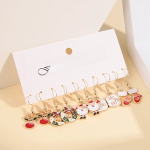 Set of five Christmas stud earrings featuring reindeer, wreath and Santa Claus motifs